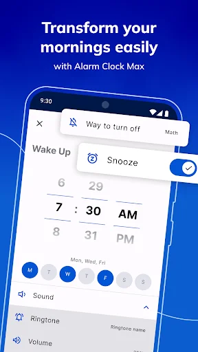 Alarm Clock MAX app wake up screen showing time picker set to 7:30 AM with snooze option and weekday selection