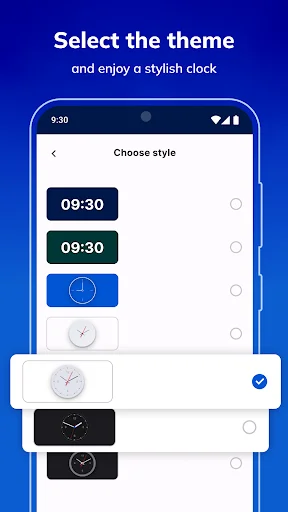 Alarm Clock MAX clock face theme customization menu with selectable digital and analog clock designs