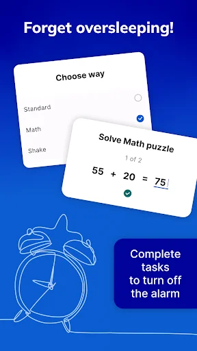 Alarm Clock MAX math puzzle challenge screen to prevent oversleeping with equation 55 + 20 = 75 to turn off alarm
