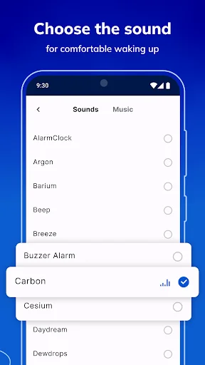 Alarm Clock MAX sound selection screen displaying ringtone options like Carbon, Barium, and Breeze for waking up