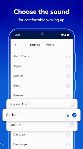 Alarm Clock MAX ringtone picker with sound options and volume preview for comfortable wake up experience