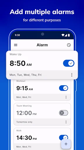 Alarm Clock MAX alarm manager displaying multiple scheduled alarms with toggle switches for different times