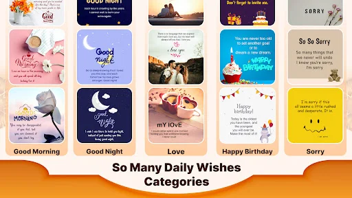 Daily wishes categories including Good Morning, Good Night, Love, Happy Birthday, and Sorry greetings with preview templates