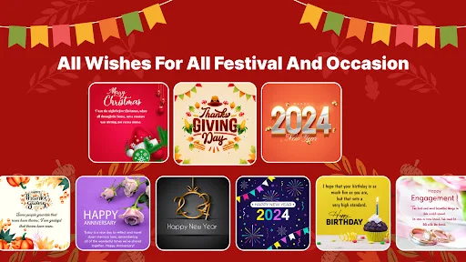All Wishes app displaying festival occasion cards for Christmas, Thanksgiving, New Year 2024, Birthday and Engagement events