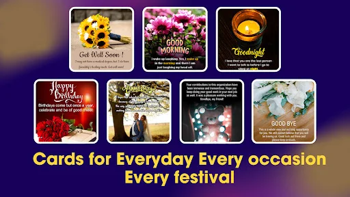 Greeting card collection featuring Get Well Soon, Good Morning, Happy Birthday and goodbye wish cards for everyday needs