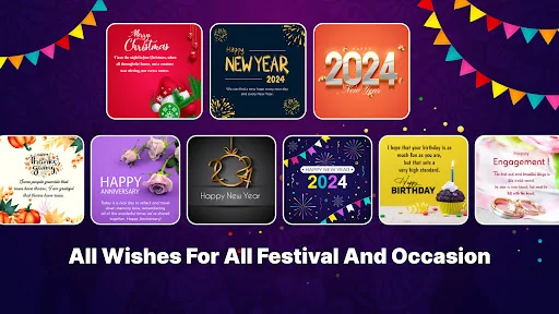 Festival celebration cards for Christmas, New Year 2024, Birthday and Engagement with colorful festive decorations
