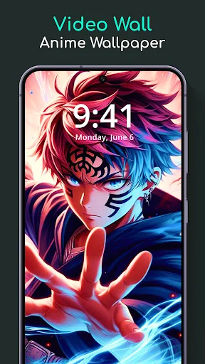 Video Wall app showing anime wallpaper on phone lock screen with character art and time display