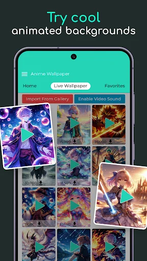 Animated anime wallpaper gallery with grid of colorful character backgrounds and Live Wallpaper tab