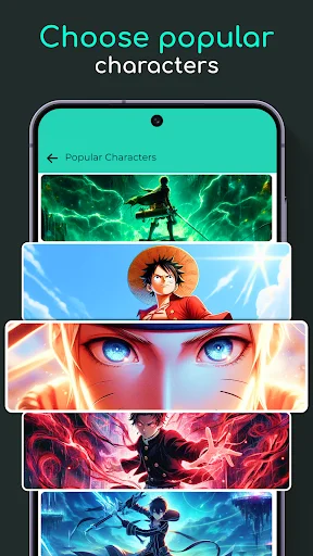Popular anime characters selection screen showing dramatic character art wallpapers in gallery view