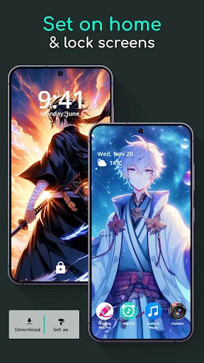 Setting anime video wallpapers on home and lock screens with dual phone preview display