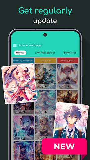 Anime wallpaper app home screen with regularly updated NEW content in colorful character gallery
