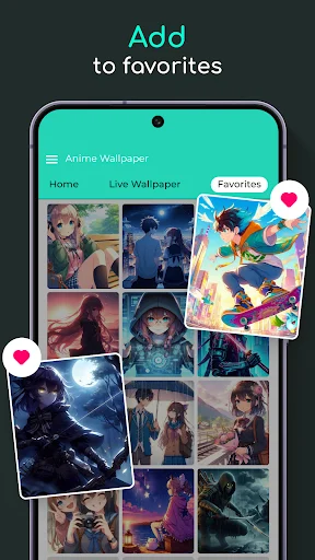 Adding favorite anime wallpapers with heart icons to save preferred animated backgrounds