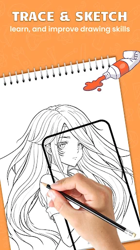 Trace and sketch feature showing hand drawing anime character with pencil on paper to improve drawing skills