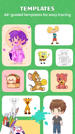 AR Draw templates gallery showing cartoon characters including anime, SpongeBob, and animals for easy tracing