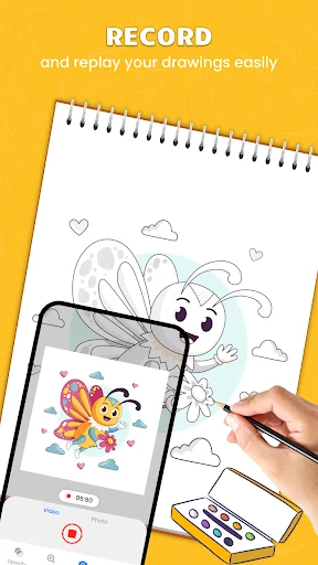 Record and replay drawing feature showing butterfly sketch with video playback on phone screen and drawing tools