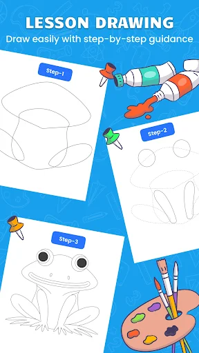 Step-by-step lesson drawing feature showing guided instructions to draw frog with art supplies and brushes