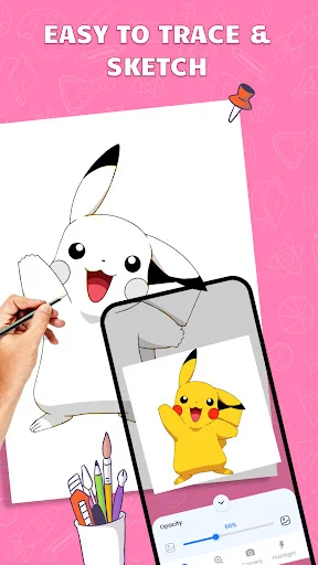 Hand tracing Pikachu sketch on paper with AR smartphone display showing 3D drawing in Easy to Trace & Sketch mode