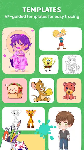 Template selection screen with AR-guided drawing templates featuring anime, cartoon characters and animals for tracing