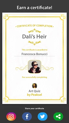 Art Quiz certificate of completion titled 'Dali's Heir' awarded to Francesca Bonucci with social sharing buttons for Instagram, Facebook, Twitter and more.