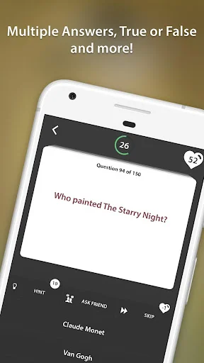 Art quiz question screen for Starry Night painting attribution with multiple answer choices, scoring display, and navigation buttons
