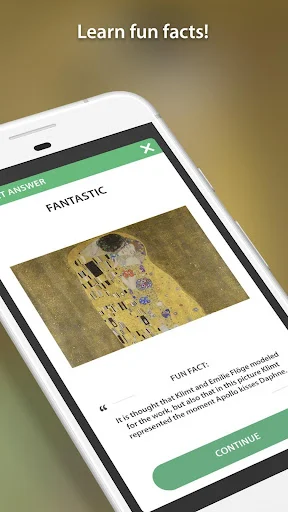 Art quiz learning screen displaying famous painting image with 'Fantastic' feedback, educational fun facts content, and Continue button