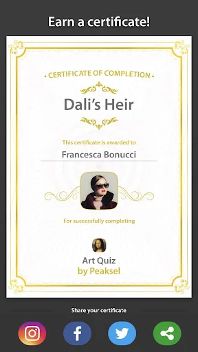 Art Quiz certificate of completion award screen with personalized name, artwork title, and social media sharing buttons for Instagram and Facebook