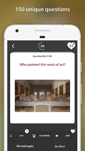 Art Quiz gameplay showing question 26 of 150: 'Who painted this work of art?' with Renaissance painting image and answer options including Michelangelo and Da Vinci.
