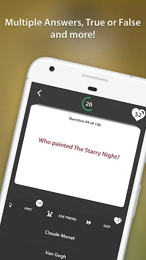 Art Quiz question example: 'Who painted The Starry Night?' featuring multiple choice answers like Claude Monet and Van Gogh for art history trivia challenge.