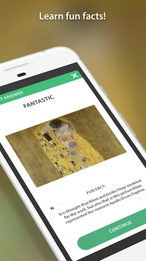 Art Quiz learning screen displaying 'FANTASTIC' answer feedback with Klimt's 'The Kiss' artwork and educational fun facts about the painting's history and significance.