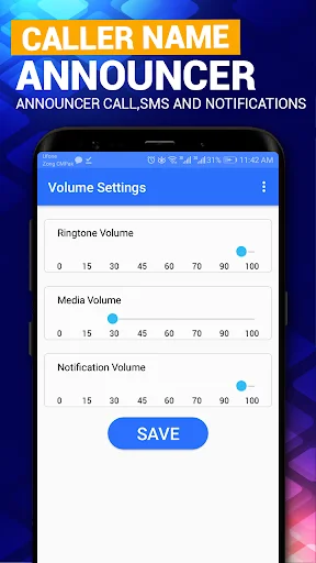 Volume Settings interface with adjustable sliders for ringtone, media, and notification levels with save button