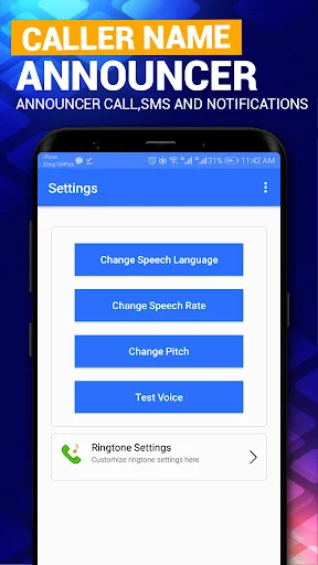 Announcement Settings screen with speech customization options including language, rate, pitch, and ringtone