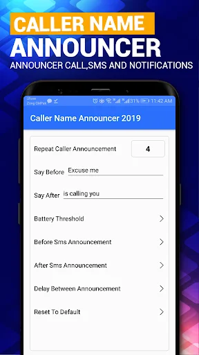 Caller Name Announcer configuration page showing repeat count, say before/after text, and delay settings