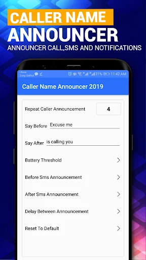 Advanced settings in Caller Name Announcer showing repeat announcement, battery threshold, and SMS options