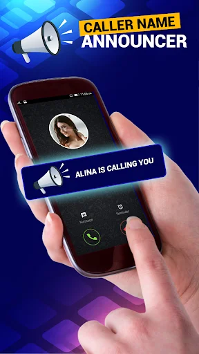 Auto Caller Name Announcer incoming call notification showing Alina calling with megaphone icon indicator