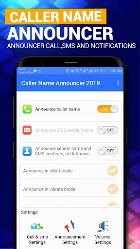 Caller Name Announcer home screen with toggle switches for call, SMS, and notification announcement features