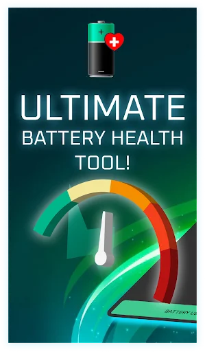 Battery Life & Health Tool app home screen with gauge meter and battery icon showing ultimate battery health