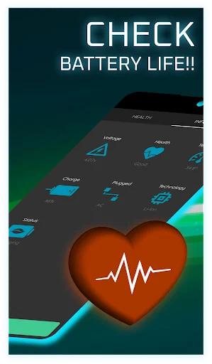Battery Life checker screen displaying battery metrics dashboard with heart icon and health monitoring features