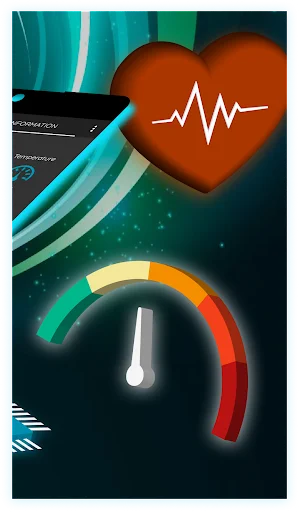Battery health monitoring screen with heart rate icon and rainbow gauge meter displaying battery performance