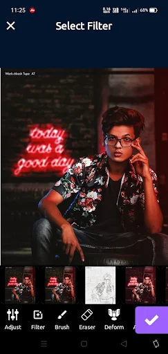 Beauty Shop AI Photo Editor filter selection screen with adjust, filter, brush, eraser, and deform tools