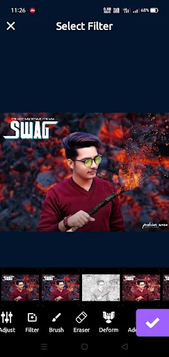 AI photo editor app showing action movie filter effect with creative background replacement and editing tools