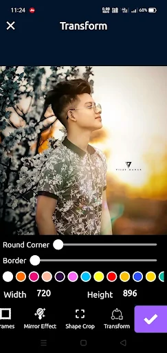 Transform tool in Beauty Shop app displaying border, corner, and dimension controls for photo editing