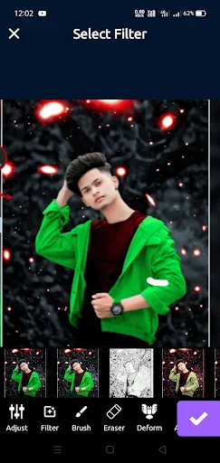 Select Filter screen in Beauty Shop showing portrait with dramatic lighting effects and editing options