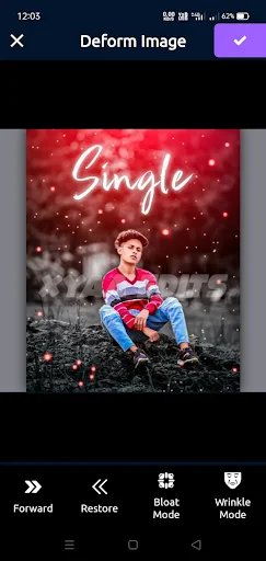 Deform Image feature with Single text overlay, forward, restore, bloat and wrinkle editing modes