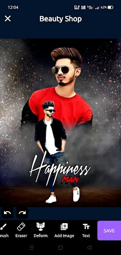 Beauty Shop AI editor displaying Happiness text overlay with add image, text, and save options