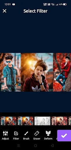 Filter selection gallery view showing multiple AI-enhanced portrait photos with various creative effects