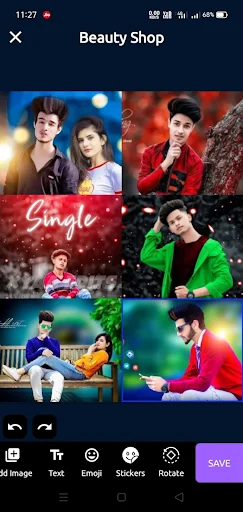 Beauty Shop collage maker with multiple edited photos, text overlays, emoji, and sticker tools