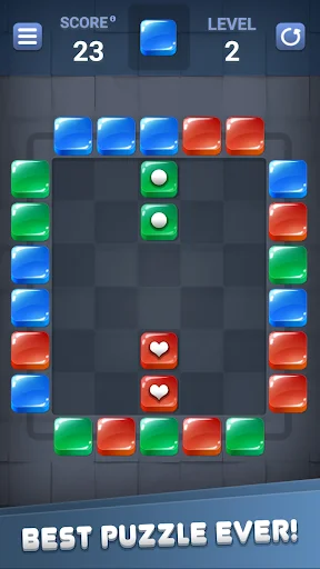 Block Out puzzle game level 2 showing colorful blocks arranged in border with hearts in center and score 23