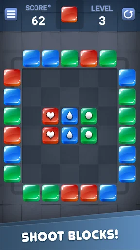 Block Out brick shooter level 3 gameplay showing blocks with heart and water drop icons, score 62 displayed