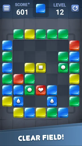 Block Out advanced level 12 puzzle field with yellow, green, blue, red blocks and power-up icons, score 601