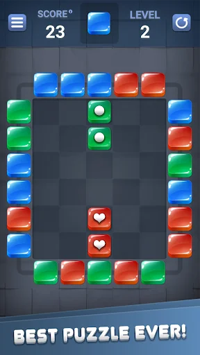 Block Out Brickshooter level 2 game board with blue, red, green blocks in border formation and heart blocks